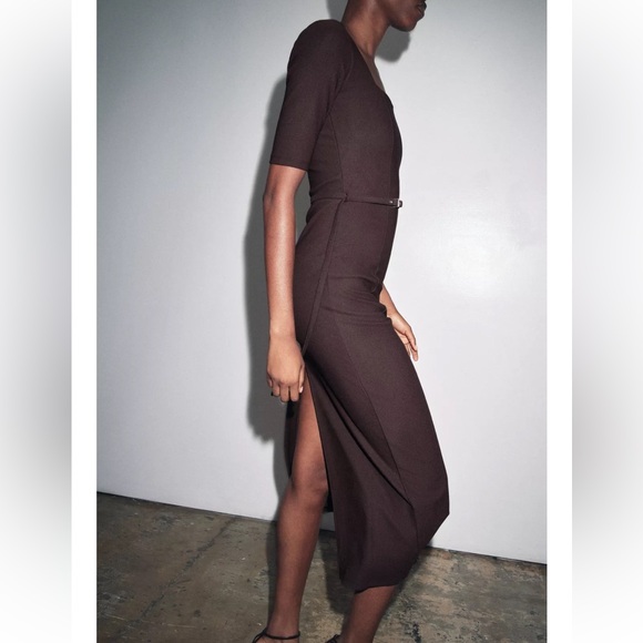 Zara NWT Sleek Chocolate Brown Midi Dress - Picture 2 of 10
